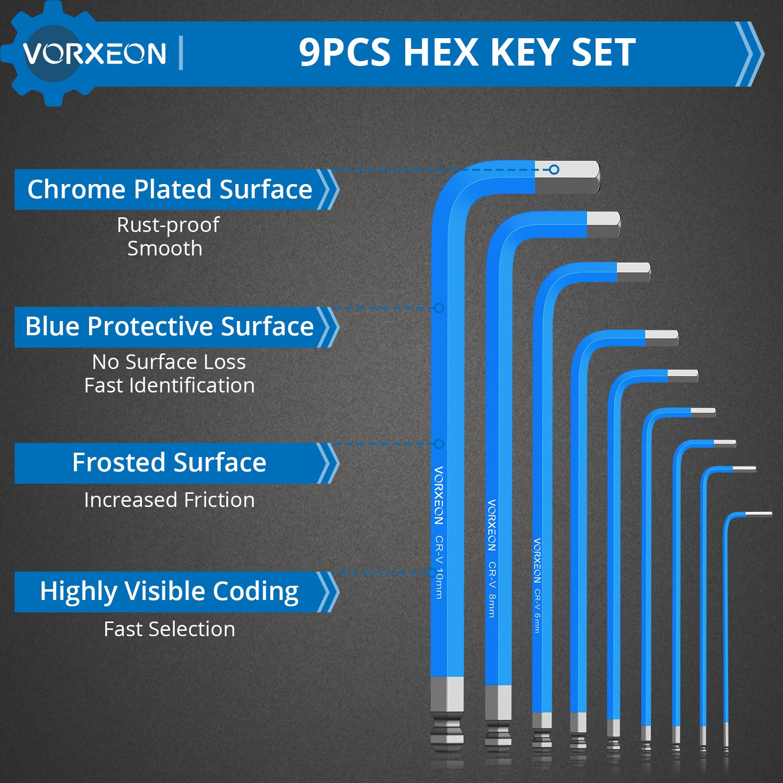 VORXEON 9PCS Allen Wrench Hex Key Set (1.5mm-10mm)