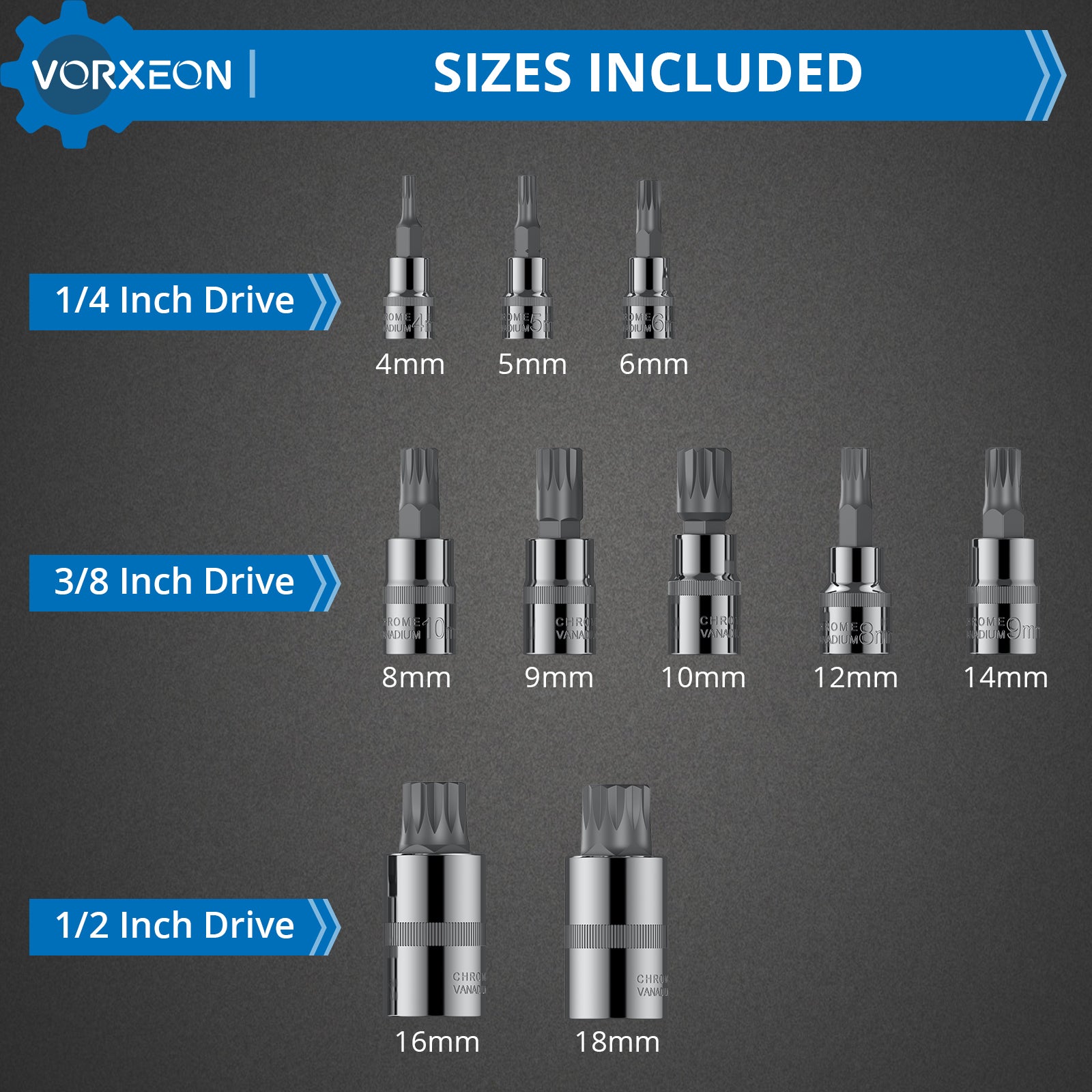 VORXEON 10Pcs XZN Triple Square Spline Bit Socket Set