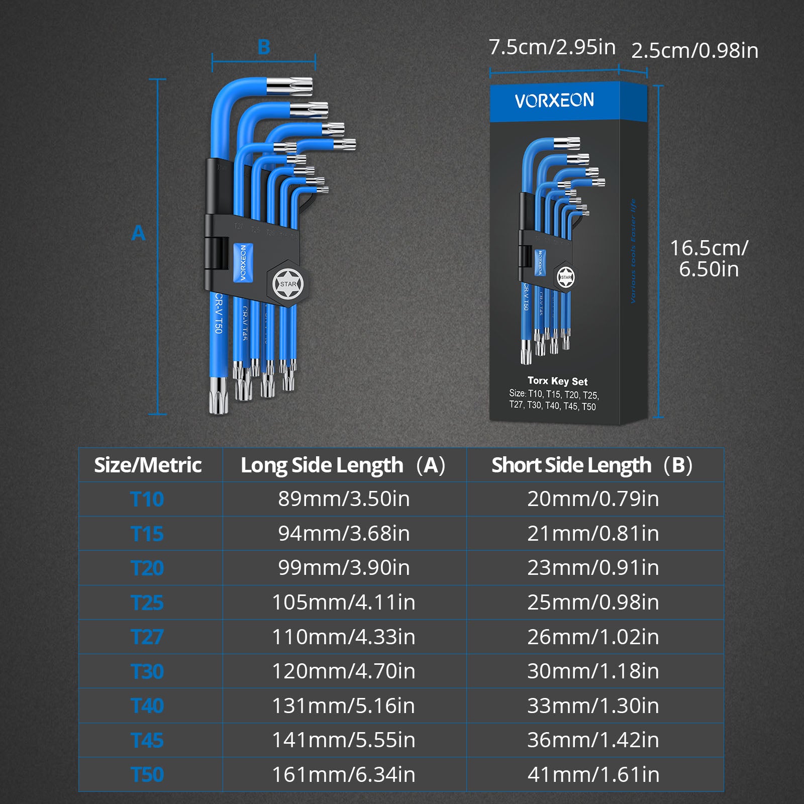 VORXEON 9PCS Torx Star Wrench Key Set (T10-T50)