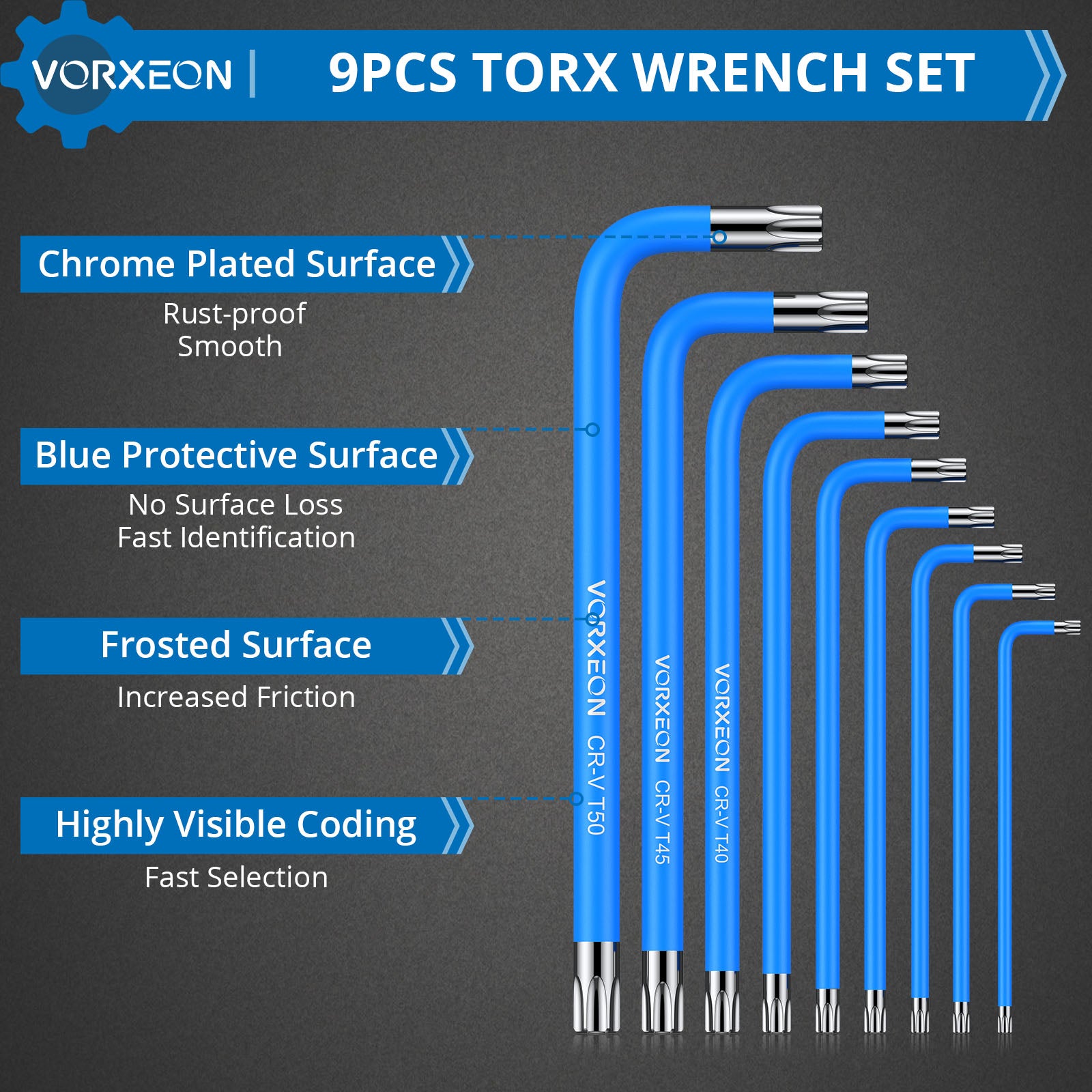 VORXEON 9PCS Torx Star Wrench Key Set (T10-T50)