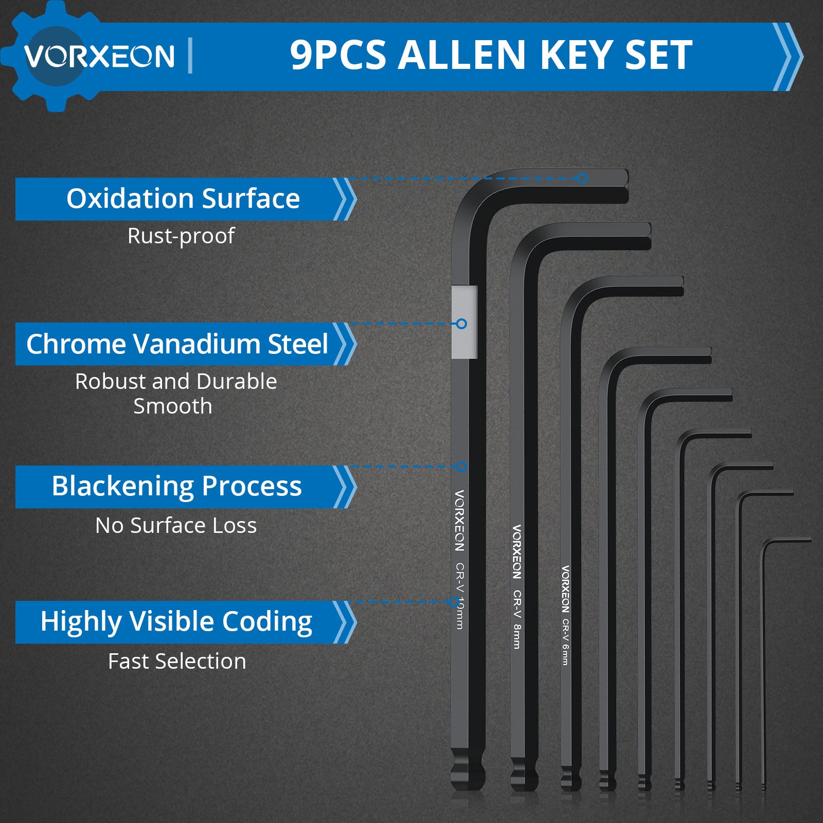 VORXEON 9PCS Allen Wrench Hex Key Set with Visible Coding (1.5mm-10mm)