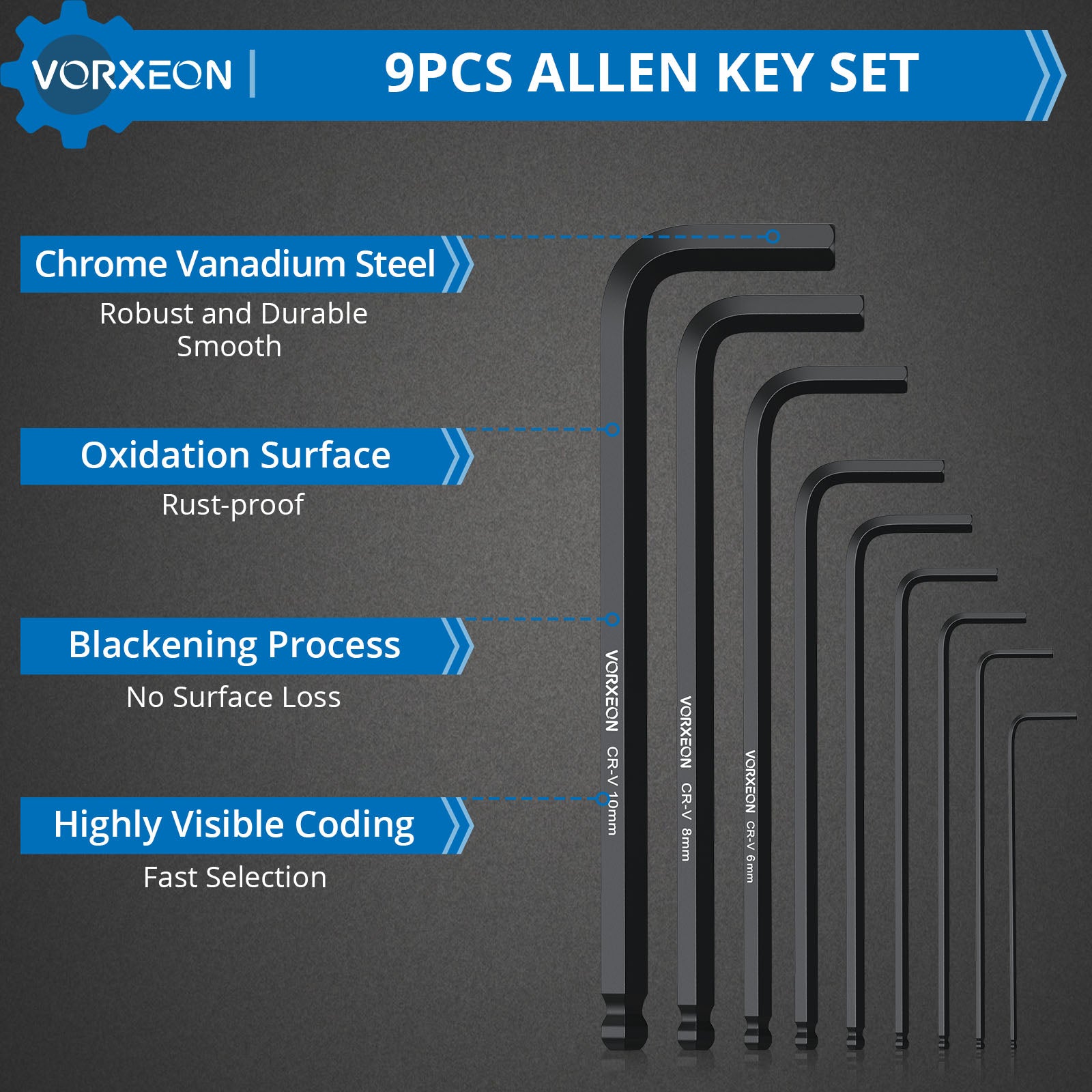 VORXEON 9PCS Allen Wrench Hex Key Set with Visible Coding (1.5mm-10mm)