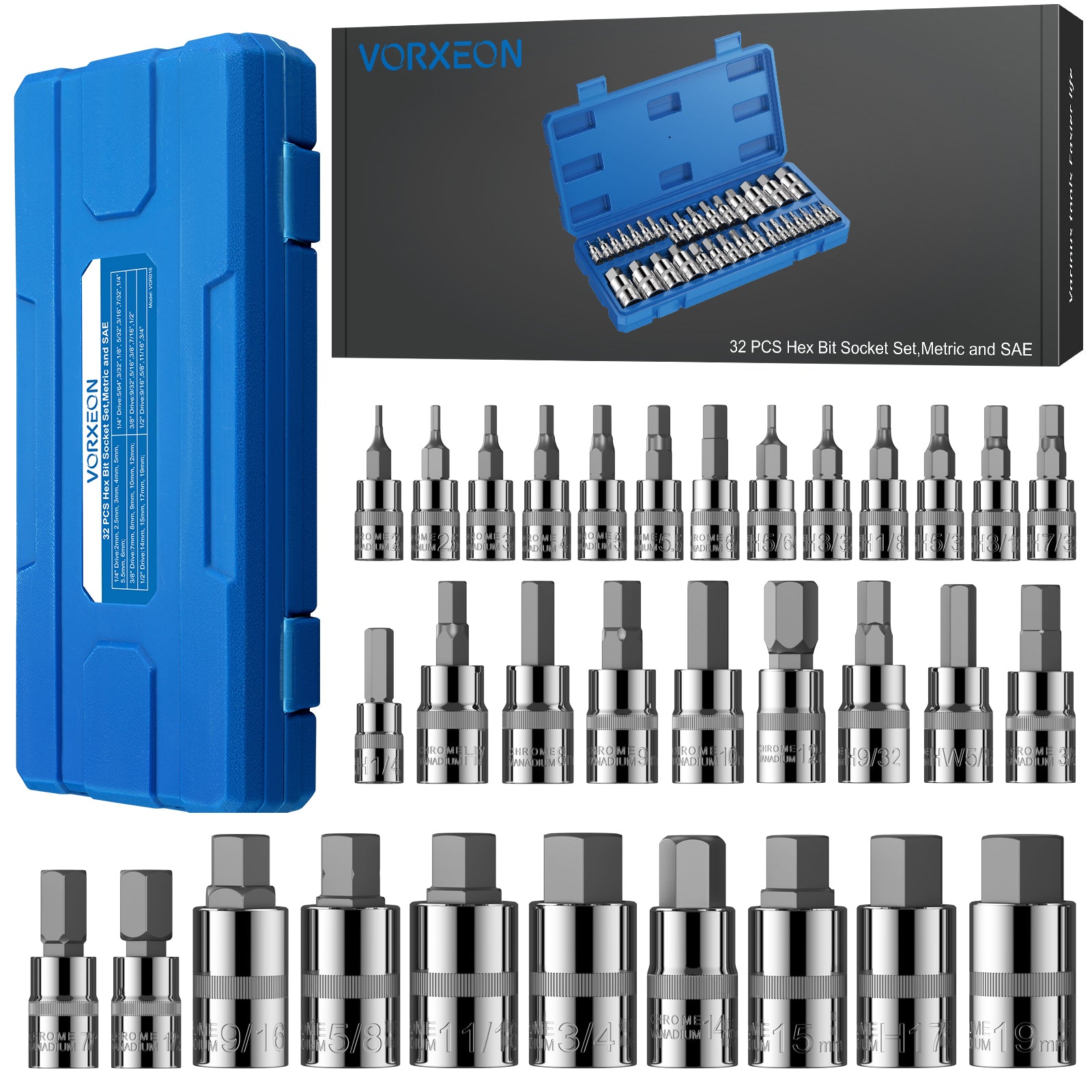 VORXEON 32Pcs SAE and Metric Allen Hex Bit Socket Set