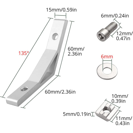 10 x Angle Connectors 135° Corner Angle Mounting Material, Vorxeon Aluminium Profile 2020 Aluminium Corner Bracket Profile Corner Connector Inner Angle M6 x 12 for 3D Prints Aluminium Frame Structures